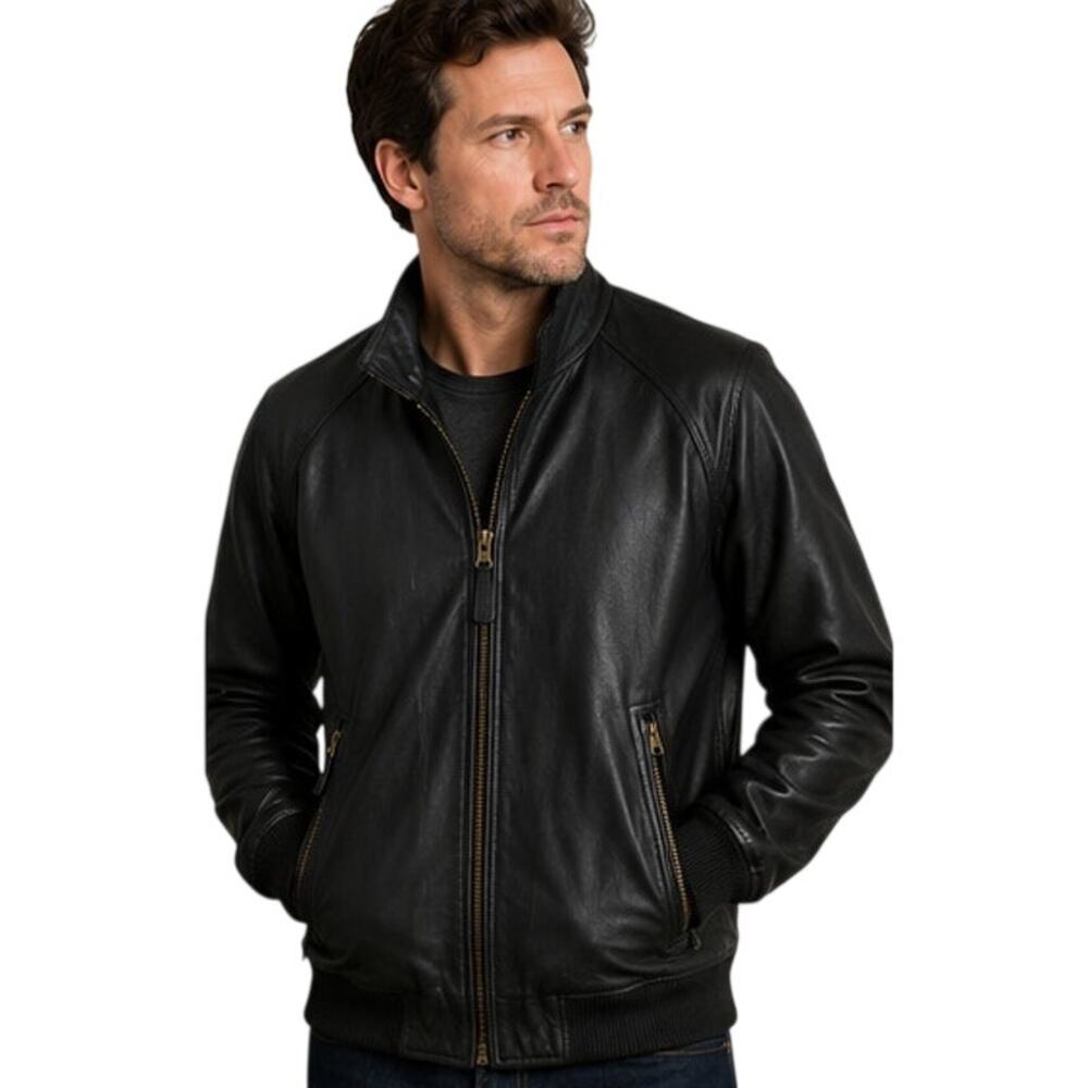 Coach Men's Black Sheep Leather Bomber Jacket L Zip Front Rib Knit Pockets